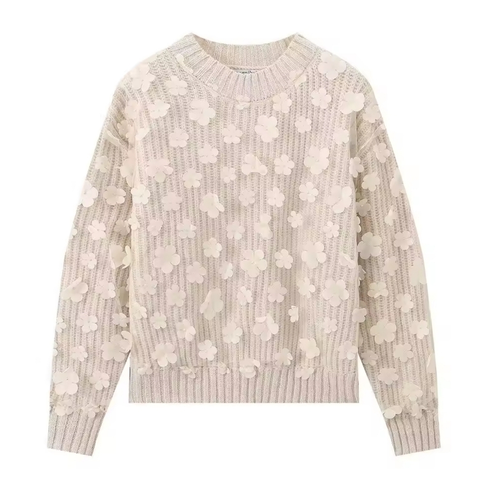 Flower decoration sweet fashion all-match round neck pullover sweater - Picture 7 of 10